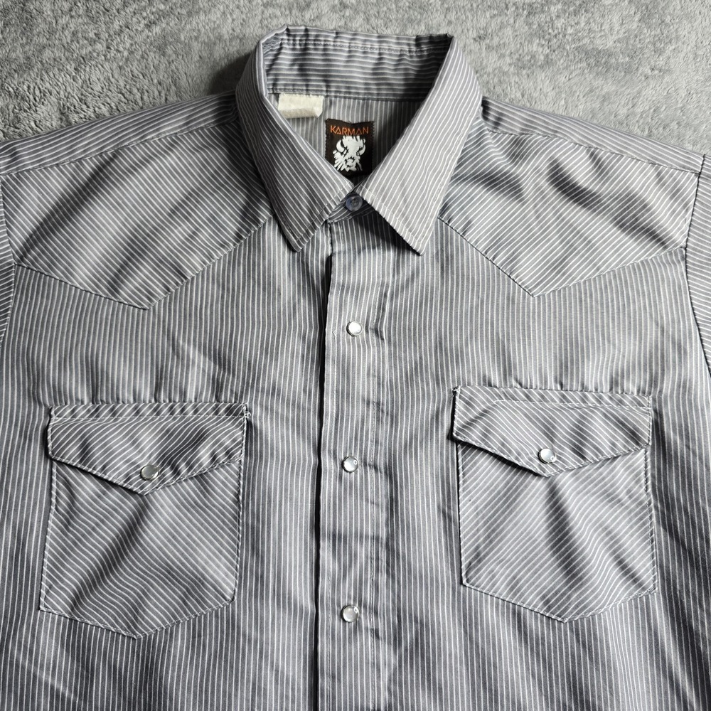Vintage Karman Western Shirt Mens Large Gray White Striped Pearl Snap S/S Rodeo